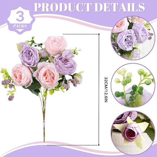 ASTRYAS Peonies Artificial Flowers 3Pcs Peony Purple Fake Silk Peonies Flowers for Decoration Faxus Flowers for Table Centerpieces Wedding Bouquet Party Home Decoration Indoor- Pink Purple