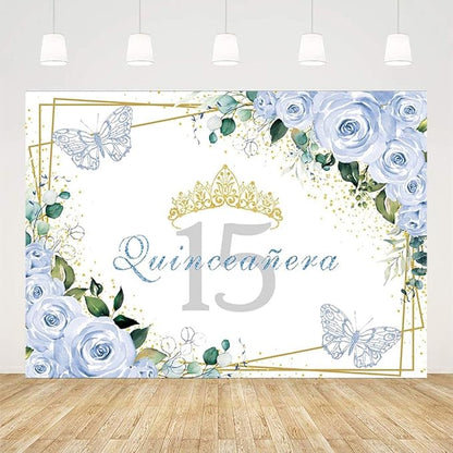 SENDY 7x5ft Quinceañera Backdrop Mis Quince 15 Anos Birthday Party Decoration Supplies for Girl Princess Blue Floral Butterfly Golden Crown Photography Background Banner Photo Booth Studio Props