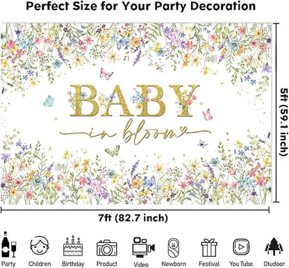 Sensfun Baby in Bloom Backdrop Wildflower Baby Shower Decorations Baby Girl's Watercolor Blossom Floral Butterfly Garden Baby Shower Photography Background Cake Table Banner Party Supplies 7x5ft