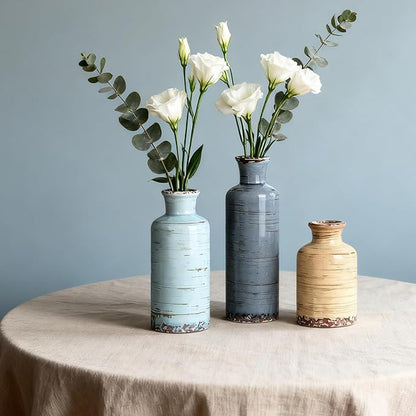Ceramic Vase Set of 3 - Coastal Multicolor Decorative Vases for Home Decor, Rustic Farmhouse Boho Vases for Living Room, Mantel, Dining Table, Bookshelf, Kitchen or Entryway Decoration
