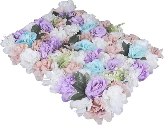 12PCS Flower Wall Panels, 3D Silk Floral Wall Backdrop, Realistic Purple Rose Flower Backplanes, Roll Up Fake Flower Background for Valentines Wedding Party Home Decoration
