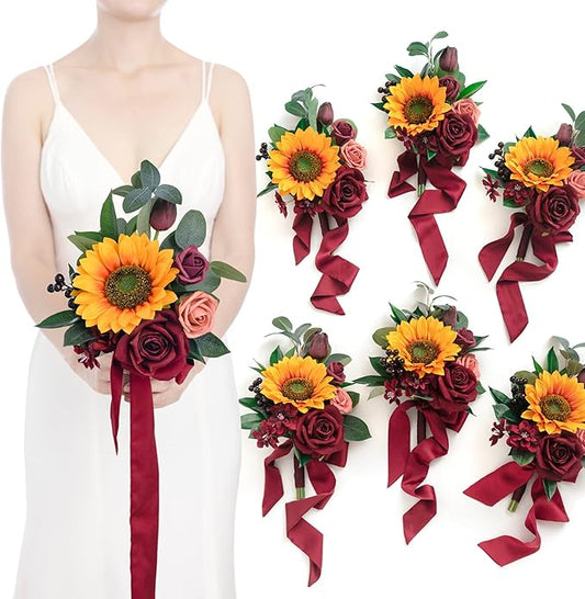 Ling's moment Artificial Flowers Sunflower Bridesmaid Bouquet Set of 6, Burgundy & Sunflower Wedding Flowers Bouquets for Bridesmaids, 7 Inch Bridal Bouquets for Bridesmaids, Wedding, etc