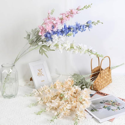 8pcs Delphinium Artificial Flowers 33.5in Long Stem Larkspur Fake Silk Flowers for Tall Vase Faux Flowers for Home Wedding Baby Shower Floral Arrangement Centerpiece Table Decoration (Champagne)