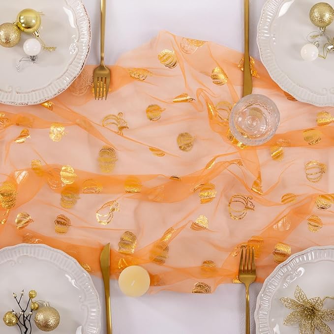 Socomi Gold Table Runner Fall Pumpkin Gauze Sheer Chiffon Cheesecloth Sequin 10FT Glitter Metallic Foil Dining Wedding Birthday Party Baby Shower Holiday Centerpiece Table Decor Orange