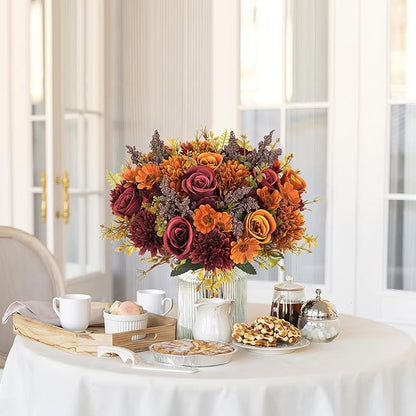 Dremisland Artificial Fall Flowers Like Real Artificial Bouquet 4 Packs Silk Artificial Roses Bouquet with Daisy Chrysanthemum Orange Red Fall Flowers for Centerpiece Table Autumn Halloween Decor