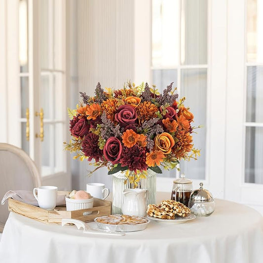 Dremisland Artificial Fall Flowers Like Real Artificial Bouquet 4 Packs Silk Artificial Roses Bouquet with Daisy Chrysanthemum Orange Red Fall Flowers for Centerpiece Table Autumn Halloween Decor