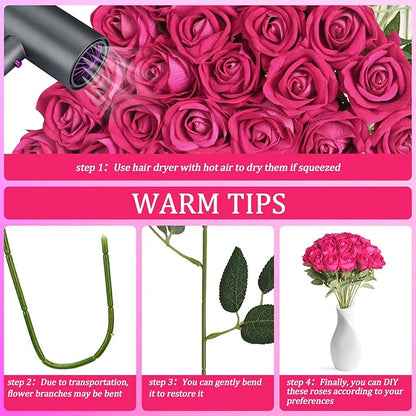 30pcs Silk Roses Artificial Flowers Hot Pink Fake Rose with Long Stem for Arrangement Wedding Party Home Decoration