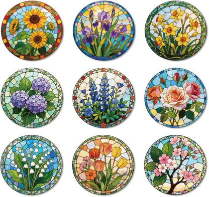 ANATTASOUL Coasters Set of 9 Flowers and Stained Glass Pattern Colorful Wooden Coasters Bulk Round Housewarming Gift for New Home, 3.9" Decorative Coffee Table Protection for Farmhouse Bar Decor