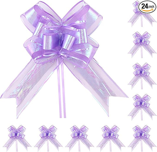24PCS Lavender Pull Bows for Gift Wrapping, 6" Large Pre-Tied Decorative Bows for Christmas, Wedding, Birthday, Party Decorations, Reusable Instant Floral Decors for Gifts, Bouquets, Baskets