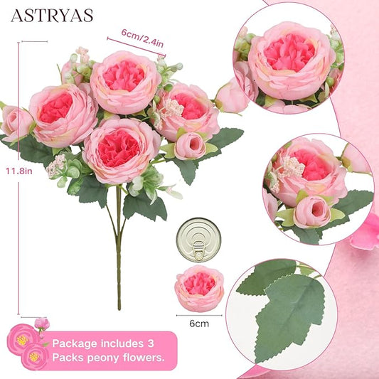 ASTRYAS Pink Artificial Flowers, 3Pcs Peonies Artificial Flowers Fake Peony Bouquet for Decoration Faxus Peony Flowers Arrangements Table Centerpieces Wedding Bouquets for Party Home Decoration Indoor