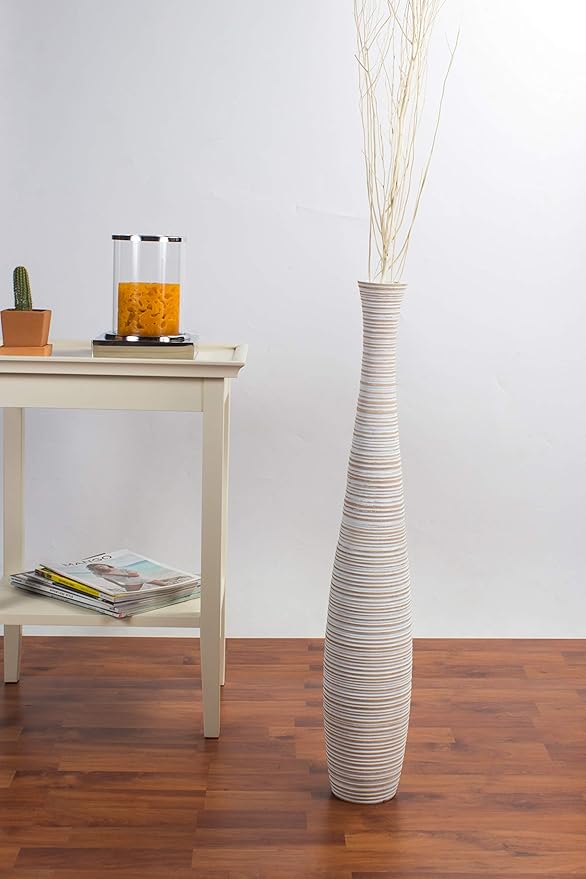 Leewadee Large White Home Decor Floor Vase - Wooden 26 inch Tall Farmhouse Decor Flower Holder for Fake Plant and Pampas Grass
