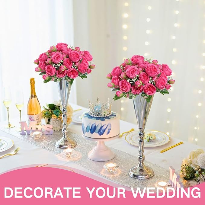 ASTRYAS Artificial Flowers, 3Pcs Silk Fake Peonies Faux Hot Pink Artificial Flowers Peonies Bouquet Arrangements Table Centerpieces for Wedding Office Home Decor Cake