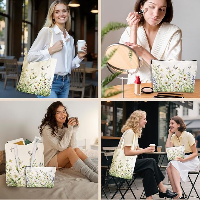 Flower Plant Lover Gifts for Women Canvas Tote Bag with Makeup Bag Cosmetic Bags Grocery Bags for Shopping Christmas