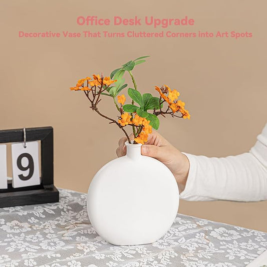 White Ceramic Flat Vase - 6.2" Unique Flower Vase for Pampas Grass & Centerpieces, Decorative Boho/Farmhouse Vase for Living Room, Office Desk & Housewarming Gift (for Her/Yourself)