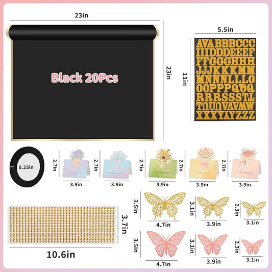 BESUPERT 52Pcs Flower Bouquet Wrapping Paper Kit, 20 Sheets Black Waterproof Floral Wrapping Paper, 1 Letter 1 Rhinestone Sticker, 12 Gold 12 Pink Butterflies, 5 Cards, 1 Black Ribbon (Gold Edge)
