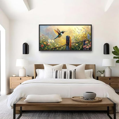 Hummingbird Flower Large Wall Art Farmhouse Framed Wall Decor for Living Room Bird Floral Pictures Oversized Canvas Print Painting Modern Extra Large Framed Artwork for Bedroom Office 60"x30"