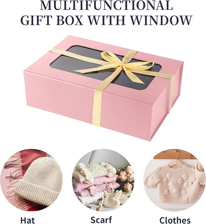 TIACABO Pink Large Gift Box with Window, 13.5"x9"x4.3" Bridesmaid Boxe for Gifts Giving,Birthday Gift Boxes with Magnetic,Closure Lid Gifts Box for Presents,Cute Boxe,Luxury for Gift Packaging