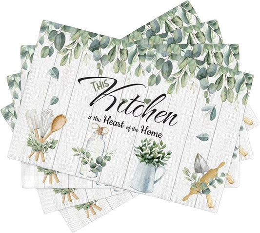 Eucalyptus Leaves Kitchen Table Placemats Set of 4 Rustic Green Plant Print Placemat Indoor Outdoor Party Home Desktop Dining Room Decoration 12x18 Inch