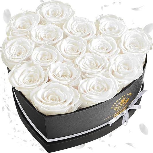 16-Piece Forever Flowers Heart Shape Box - Preserved Roses, Birthday Gifts for Women- Flower Delivery Prime, Valentines, Anniversary, Wedding Gifts- White Roses