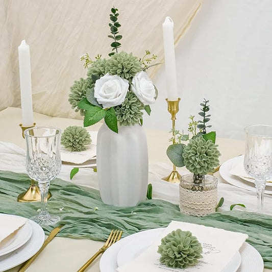Artificial Flowers, 50pcs Sage Green Artificial Rose for DIY Wedding Bouquets Centerpieces Arrangements, Sage Green and White Dahlia Flowers with Stem for Bridal Shower Party Home Decorations