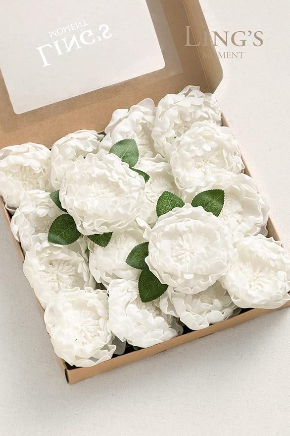 Ling's moment Flowers 16pcs White Blooming Peonies Artificial Flowers with Stem, Artificial Peony Flowers for DIY Wedding Decorations Centerpieces Bouquets Boutonnieres