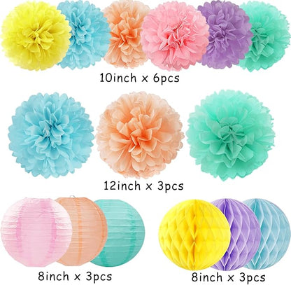 Pastel Paper Flowers Tissue Pom Poms Honeycomb Lanterns 15pcs Party Decorations for Rainbow Colorful Macaron Ice Cream Birthday Baby Shower Easter Carnival Wedding Hanging Supplies Mprocherify