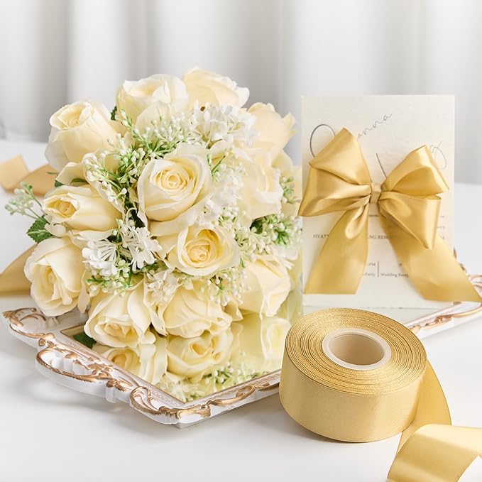 1-1/2 Inches 100 Yards Champaign Gold Satin Ribbon, Solid Fabric Ribbon Roll for Flower Bouquets, Gift Wrapping, Wedding, Handmade Crafts