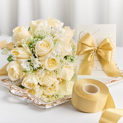 1-1/2 Inches 100 Yards Champaign Gold Satin Ribbon, Solid Fabric Ribbon Roll for Flower Bouquets, Gift Wrapping, Wedding, Handmade Crafts