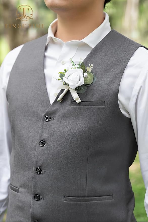 TINGE TIME Boutonniere for Men Wedding,Groom and Best Man Boutonniere for Weddings Ceremony Anniversary, Formal Dinner Party and Rustic Spring Wedding Marriage (10, IvoryWhiteRose)