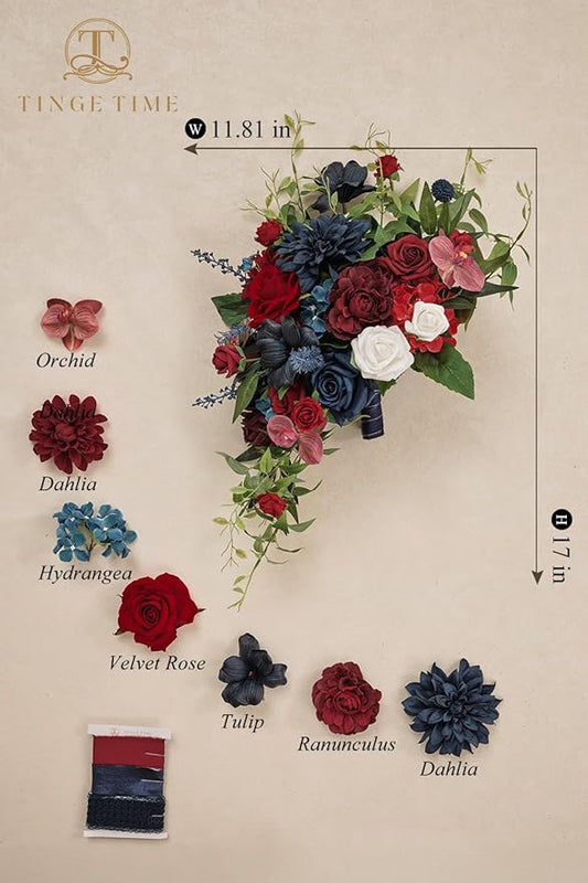 TINGE TIME 17 Inch Artificial Bridal Bouquet - Red and NavyBlue, Realistic Silk Wedding Bouquet, Durable Fake Flowers for Brides, Bridesmaids, Home Decor, and Events