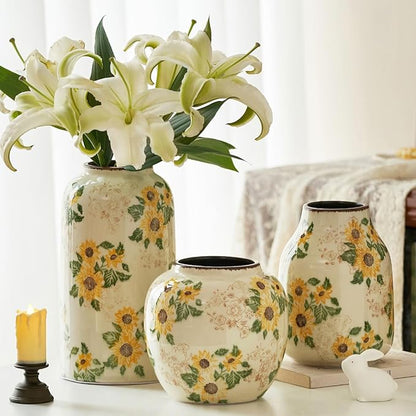Levvohd Round Pastoral Ceramic Vase, 6.3 Inch Vintage Sunflower Yellow Floral Retro Ice Cracked Rustic Antique Flower Vases for Living Room Home Decor (Large Round)