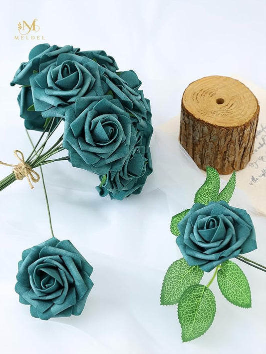 Meldel Artificial Flowers 50pcs Real Looking Peacock Green Foam Fake Roses with Stems for DIY Wedding Bouquets Bridal Shower Centerpieces Floral Arrangements Home Decorations Bulk Crafts Rose