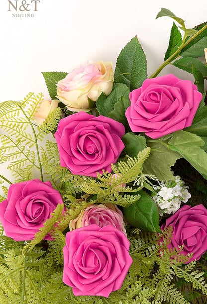 N&T NIETING Artificial Flowers, Hot Pink Artificial Roses, 50pcs Fake Flowers with Stem for DIY Wedding Bouquets Centerpieces Bridal Baby Shower Party Home Arrangement Decoration