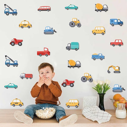 Cartoon Car Wall Stickers for Kids Room 48PCS Racecar Truck Vinyl Decals Waterproof Removable Vehicle Stickers for Nursery Playroom Decor Easy to Apply Reposition (Transportation Theme)