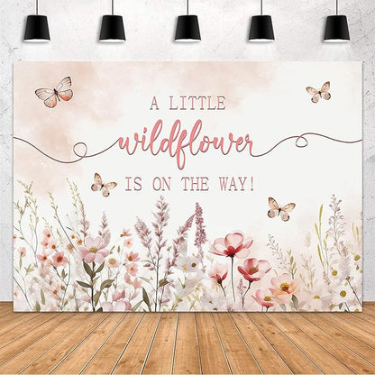MEHOFOND 10x7ft Baby Shower Backdrop Pink Watercolor A Little Wildflower is On The Way Baby Shower Party Decorations Butterfly Theme Girl Banner Photography Background Props