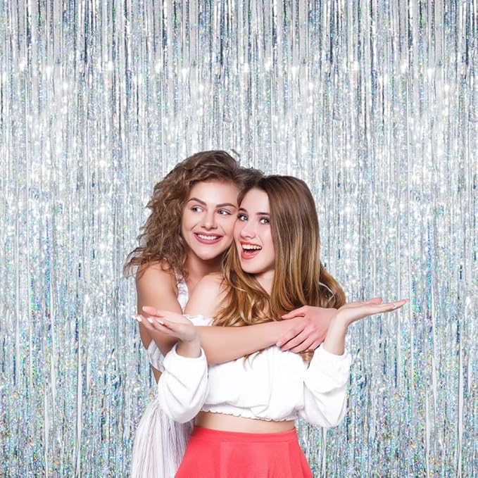 GOER 3.2 ft x 8.2 ft Metallic Tinsel Foil Fringe Curtains Party Photo Backdrop Party Streamers for Birthday,Graduation,New Year Eve Decorations Wedding Decor (3 Pcs, Shiny Silver)