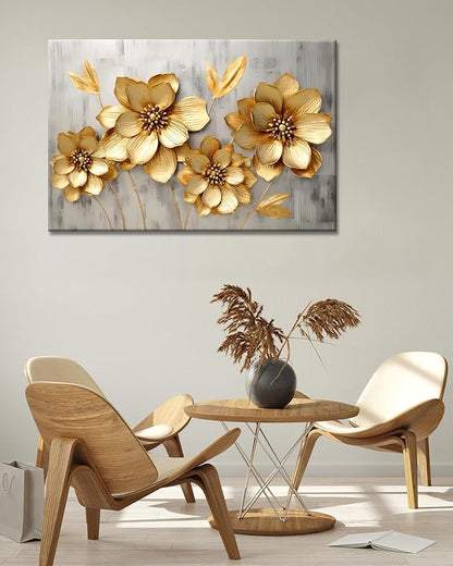 GLOKAKA Gold Metallic Flowers Print Wall Art Elegant Floral Flower Canvas on Grey Background Painting Picture Artwork for Living Room Bedroom Bathroom Decor (Gold Metallic Flowers, 18"x12")