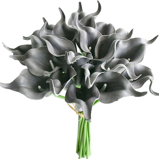Mandy's PU Dark Grey Calla Lily Artificial Flowers 20 Stems 13.5in Faux Realistic Centerpiece for Thanksgiving and Christmas Decorations DIY Bridal Bouquet Home Décor