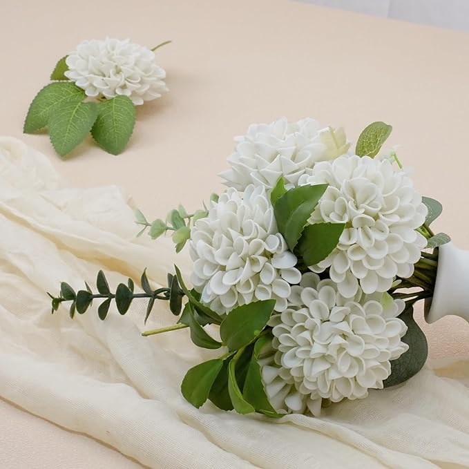 Artificial Flowers, 50pcs Realistic Artificial Rose for DIY Wedding Bouquets Centerpieces Arrangements, Sand White Dahlia Flowers with Stem for Bridal Shower Party