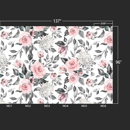 Grey Leaf Pink Flowers Wall murals Floral Peel and Stick Wallpaper for Bedroom Living Room - 96"x137"
