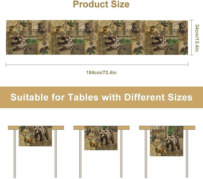 Rustic Cabin Table Runner, Farmhouse Deer Bear Retro Pine Forest Native Aztec Wild Animal Seasonal Coffee Table Center Decor for Home Kitchen Dining Patio Holiday Party Table Decorations 13x72 inches
