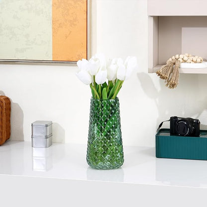 Glass Vase, Green Flower Vase for Bouquet, Large Glass Vases for Flowers, Modern Vases for Living Room, Bedroom, Dining Table, Office, Kitchen, Wedding, 9 Inches
