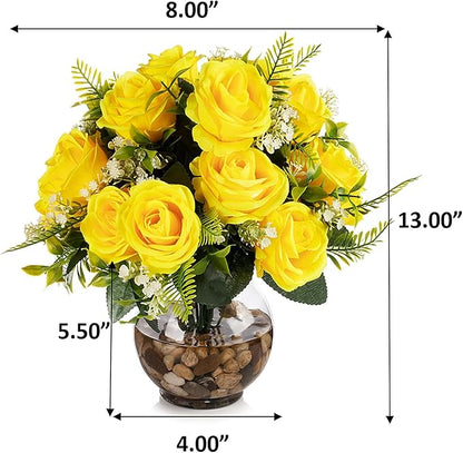 ENOVA FLORAL 18 Heads Silk Rose Artificial Flowers in Vase,Faux Rose Flowers Arrangement in Round Bowl Vase with Faux Water and River Rock for Table Decor Centerpieces (Yellow)