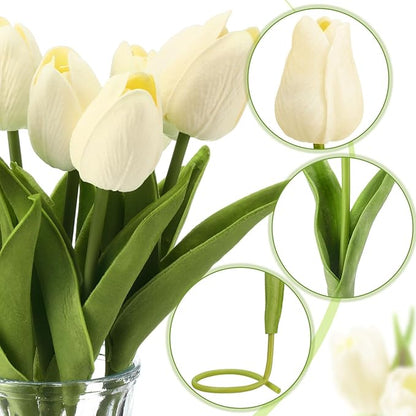 Janinka 75pcs Artificial Tulip Flowers Fake PU Tulips Faux Latex Bouquet Flower Centerpieces Arrangement Floral for Mother Day Wedding Spring Decorations (Milk White)