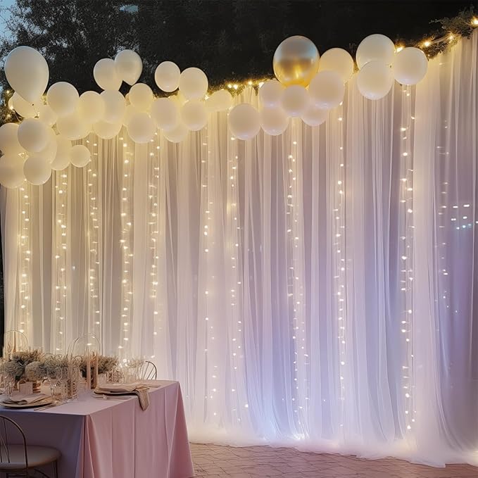 10ft x 10ft White Backdrop Curtain with Lights String for Parties, Sheer Tulle Wedding Photo Backdrops Drapes for Baby Shower Birthday Party Decorations Background for Photography