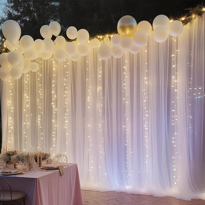 10ft x 10ft White Backdrop Curtain with Lights String for Parties, Sheer Tulle Wedding Photo Backdrops Drapes for Baby Shower Birthday Party Decorations Background for Photography