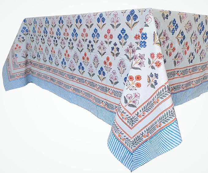 ATOSII Flora Bloom 100% Cotton Rectangle Boho Fall Tablecloth, Handblock Floral Table Cloth Linen for Kitchen Dining I Parties Wedding Outdoors Christmas Thanksgiving I 72 X 120 Inches I 10 Seater