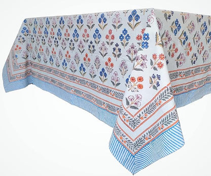 ATOSII Flora Bloom 100% Cotton Rectangle Boho Fall Tablecloth, Handblock Floral Table Cloth Linen for Kitchen Dining I Parties Wedding Outdoors Christmas Thanksgiving I 72 X 120 Inches I 10 Seater