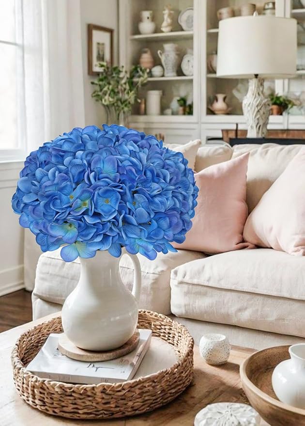 Hollyone 6 Pcs Blue Hydrangea Artificial Flowers Heads with Stems Silk Faux Hydrangea Navy Blue Fake Flowers for Home Indoor Outdoor DIY Floral Wedding Flower Bouquets Kitchen Table Centerpiece Decor