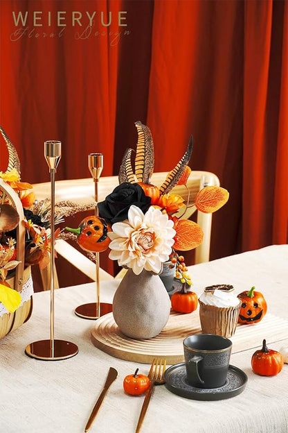 Halloween Decor Artificial Flowers Black Roses with Pumpkins, Box Set Fake Flowers for, Indoor and Outdoor Front Party Party Decorations (Halloween Pumpkins are Orange and Black)